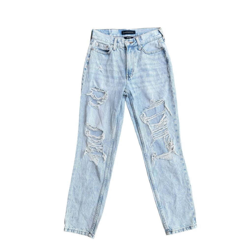 Aeropostale Mom Jeans Size 00 Light Wash Distressed Ripped High Mid Rise Denim